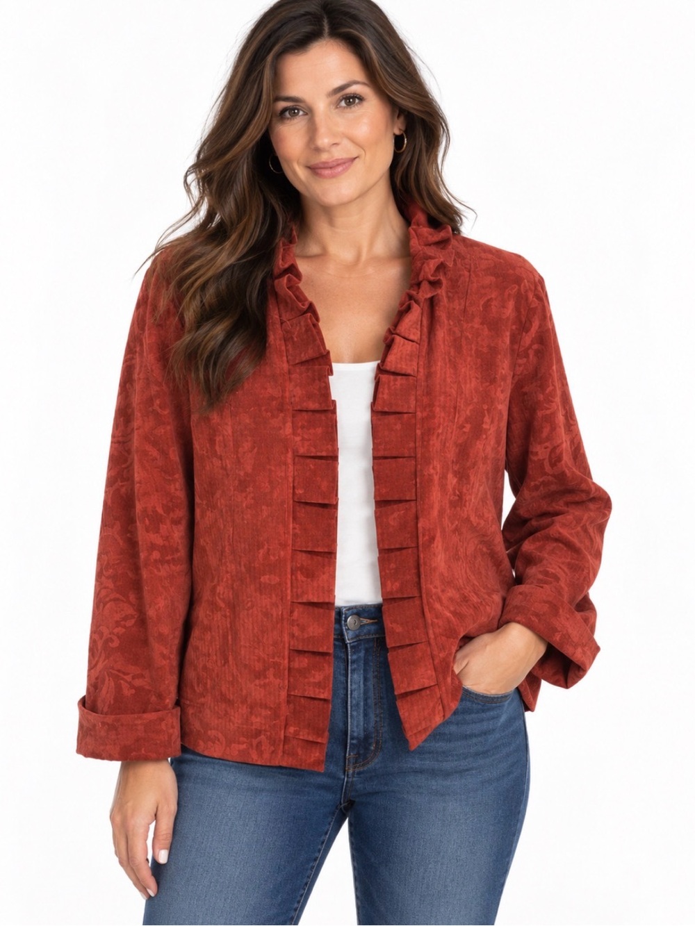 Chico's Rory Courduroy Blazer Jacket Ruffle Neck Open Front Career Rust Size 2